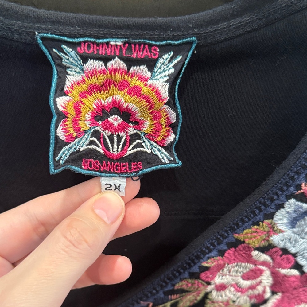Johnny Was Black V-Neck Blouse with Pink, Blue & Gold Floral Embroidery - Picture 2 of 6